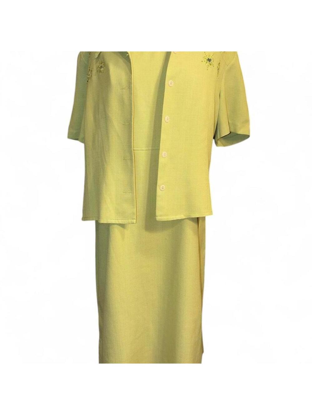 Vtg 90s Karin Stevens Lime Green 2-Piece Maxi Dress & Embroidered Jacket Set XL